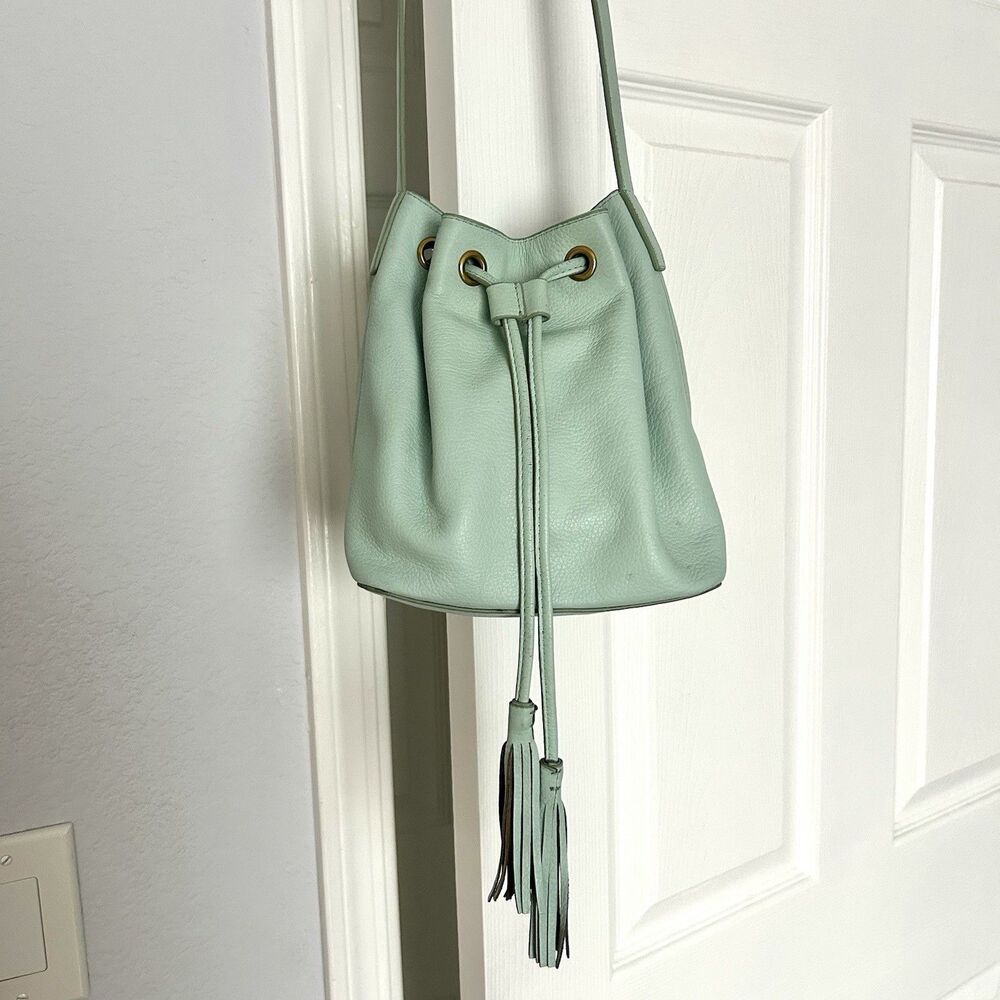 J. Crew Pebbled Leather Bucket Bag with Tassels Sea Foam Green Crossbody Coastal - Picture 2 of 6